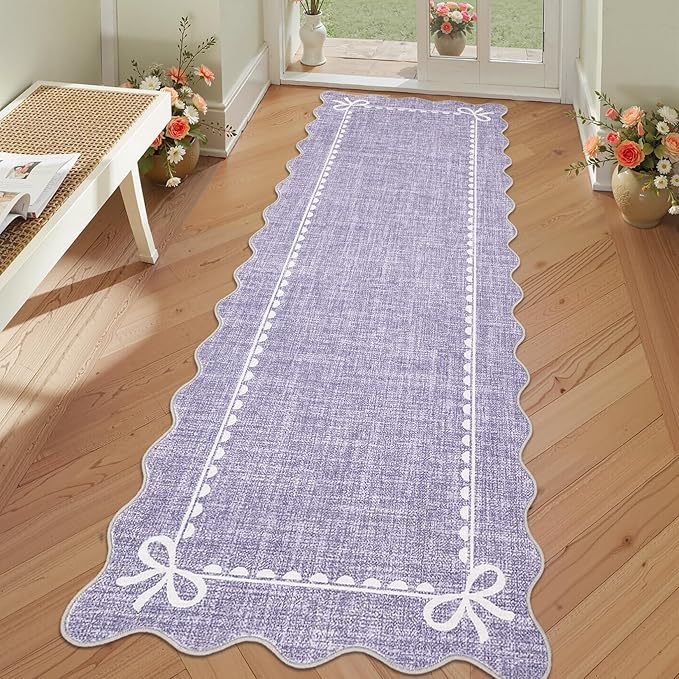 GarveeHome Scalloped Bow Rug for Living Room, Solid Purple Rug for Dorm, Washable Runner Rug 2.5x8 Soft Low Pile Non Slip Scalloped Rugs for Nursery Bedroom Decor Hallway Entryway Playroom