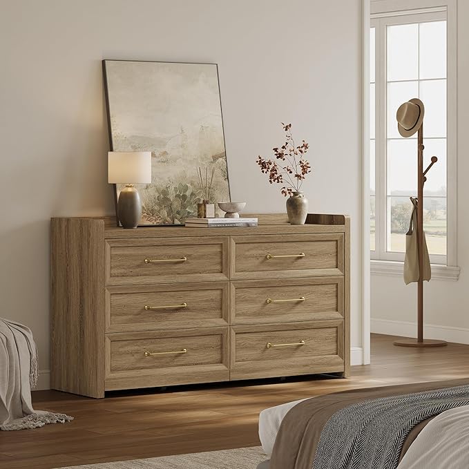 SICOTAS 6 Drawer Dresser for Bedroom-56.4" Extra-Wide Wooden Chest of Drawers with Large Storage, Long Dresser TV Stand with Drawers, Mid Century Modern Closet Dressers for Nursery, Brown Oak