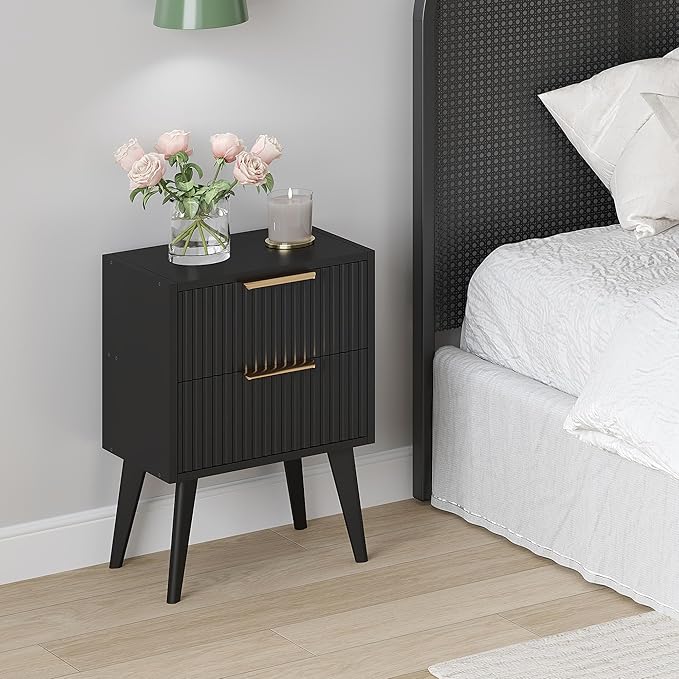 Night Stand,Modern Bedside Table,Black Nightstand with 2 Storage Drawers,Fluted Side Table with Solid Wood Legs,Mid Century End Table for Living Room,Bedroom,Small Space,Black CTG55BK