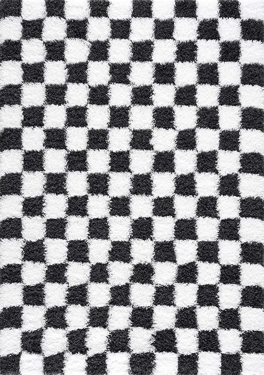 BoutiqueRugs Atira Black and White Modern Checkered Shag - High Pile Fluffy Shaggy Carpet - Kids Room, Nursery, Living Room, Bedroom, Playroom - White, Black - 6'7" X 9'6" (6x9)