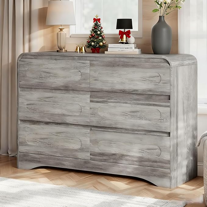 Dresser for Bedroom with 6 Drawers, 47" Wide Modern Dressers & Chest of Drawers with Curved Profile Design, Wood Closet Clothes Storage Dressers Organizer for Bedroom Living Room Hallway, Grey