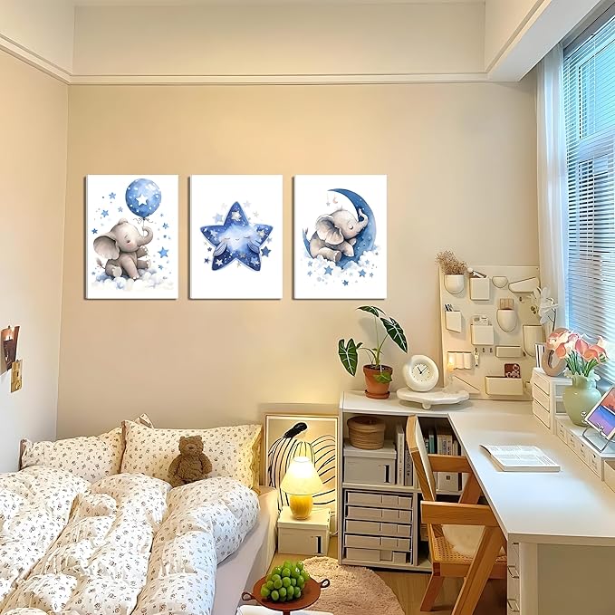 Baby Boy Nursery Canvas Wall Art Set of 3, Blue Elephant Moon and Stars Picture Wall Decor Painting, Cute Animal Baby Girl Nursery Posters Prints for Kids Room Bedroom 16x24 In Framed