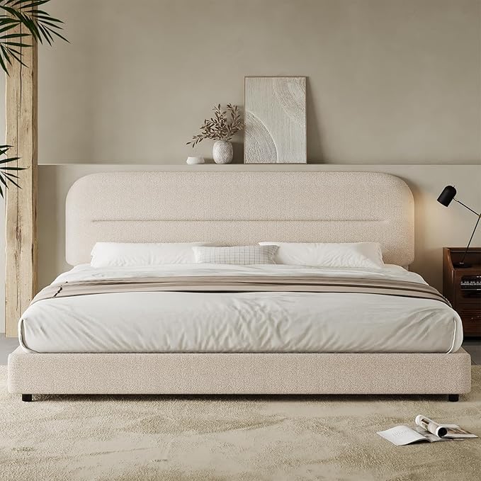HOMBCK King Size Boucle Bed Frame, Upholstered Cloud Bed Frame with Headboard, Soft Platform Bed Frame with Thickened Footboard, Rounded Corners, No Box Spring Required, Easy Assembly, Beige