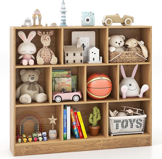 Costzon 10-Cube Bookshelf for Kids, Wooden Toy Storage Organizer w/ 2 Anti-Toppling Kits, 3 Tier Open Shelves & Non-Slip Foot Pads, Montessori Toy Shelf for Kids Rooms, Playroom, Classroom, Nursery