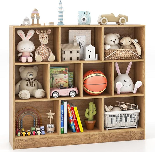 Costzon 10-Cube Bookshelf for Kids, Wooden Toy Storage Organizer w/ 2 Anti-Toppling Kits, 3 Tier Open Shelves & Non-Slip Foot Pads, Montessori Toy Shelf for Kids Rooms, Playroom, Classroom, Nursery