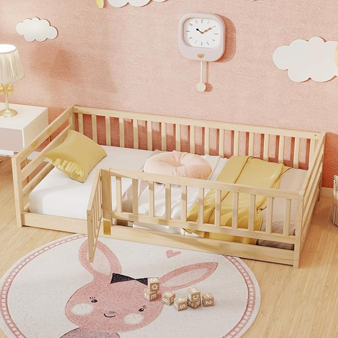 KOMFOTT Twin Size Wood Floor Bed with Door & 21.5” Fence, Montessori Bed Frame with Full Length Safety Guardrails, Door & Latch, Wooden Montessori Floor Bed for Kids, Girls, Boys