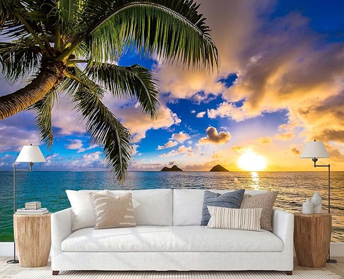 Sunset Beach Wallpaper Hawaiian Seascape Palm Tree Wall Mural for Bedroom Living Room (Not Self-Adhesive)