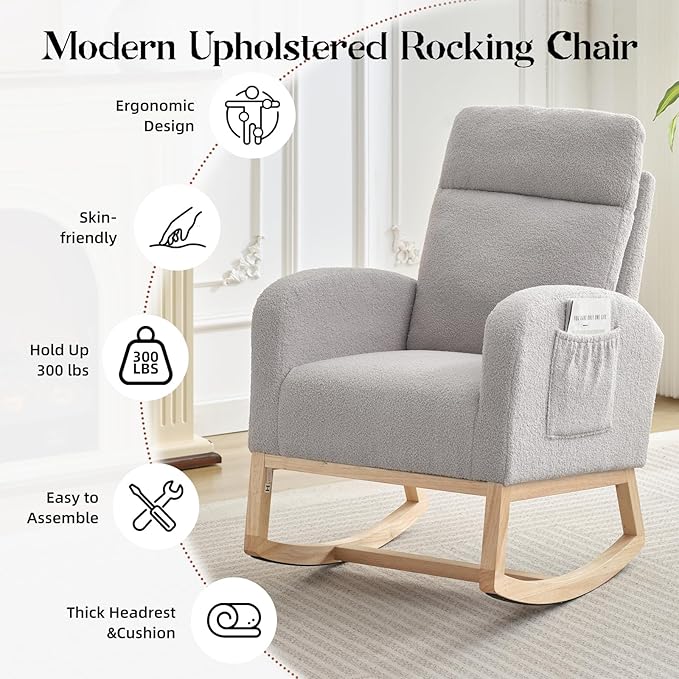 Rocking Chair Nursery, Modern Upholstered Glider Rocker with Side Pocket, Upholstered Lounge Chair with Solid Wood Base for Relaxin, for Living Room, Bedroom