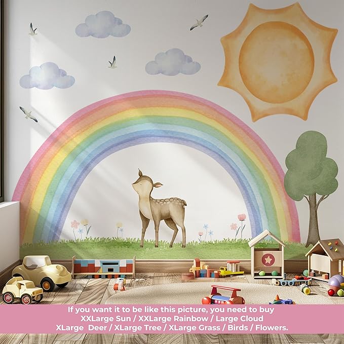Pastel Boho Rainbow & Woodland Wall Decal Set for Nursery – Watercolor Fawn, Sun, Clouds, Tree, Grass, Birds – Large/XL/XXL