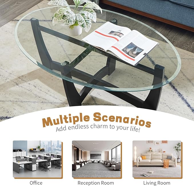 LKTART 48" Oval Glass Coffee Table with Tempered Glass Top Cross and Solid Wood Base Simple & Modern Center Table for Living Room Office Apartment Black