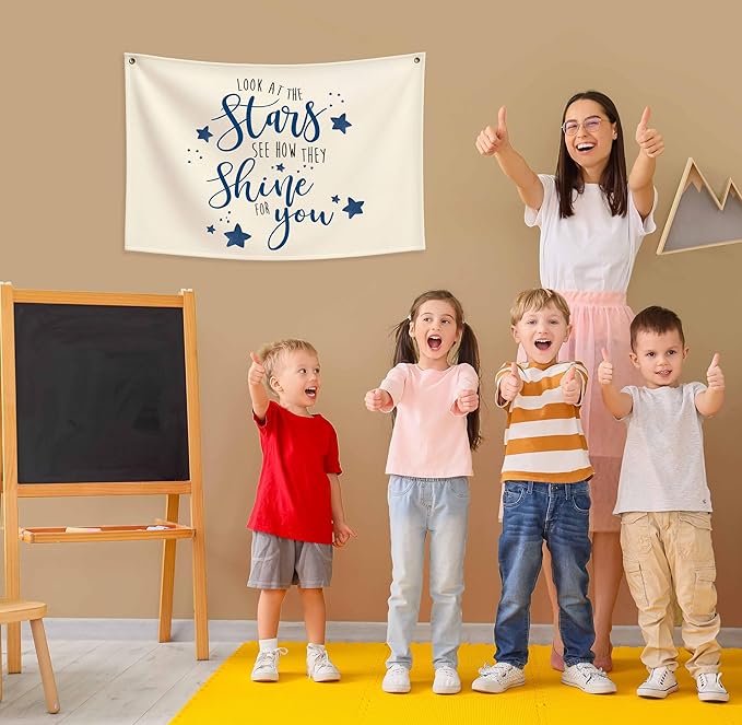 Boho Rectangular Banner Flag Wall Sign Decor Gift for Boy Girl Kids,Nursery Baby Room Above Crib Bedroom Playroom Living Room Wall Decor-Look At the Stars See-Baby Shower Birthday Christmas Gift