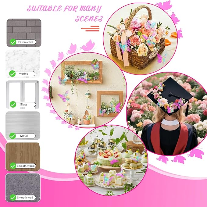3D Butterfly Wall Decor 3 Sizes 4 Styles Butterfly Party Decorations Cake Decorations Removable Stickers Wall Decor Room Mural Metallic Kids (Laser Pink Purple, 48Pcs)