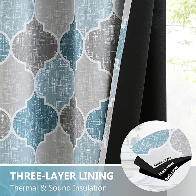 Gray/Blue Geometric Curtains for Bedroom Living Room Moroccan Trellis Pattern Full Blackout Drapes 90 Inch Length Room Darkening Thermal Insulated Window Treatments Sets, 52" W，2 Panels