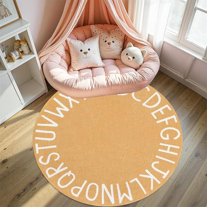 ABC Alphabet Round Rug,3.3ft Ultra Soft Fluffy Round ABC Rug Washable Non-Slip Baby Crawling Mat for Classroom Nursery Room Kids Room Decor