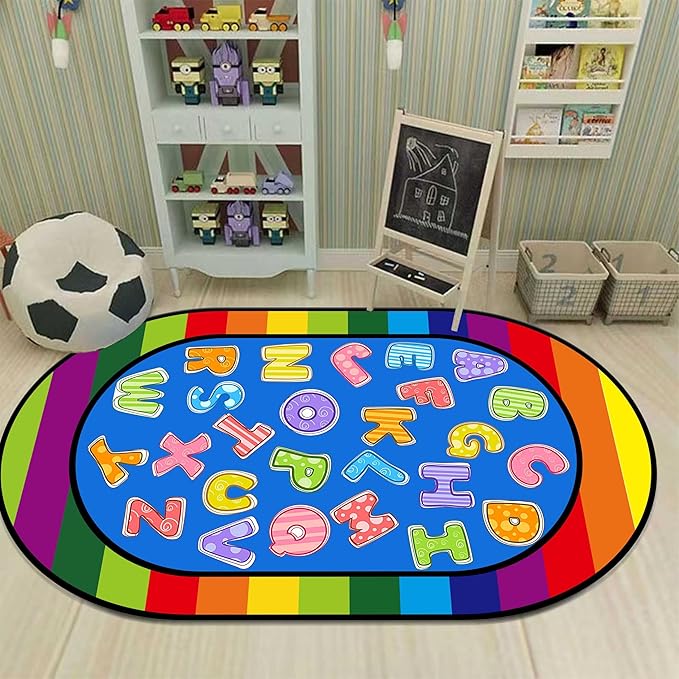 Colorful Cartoon Kid Area Rug, 3x5ft, ABC Alphabet Educational Learning Oval Rug, Rainbow Stripe Border Rug, Non-Slip Indoor Playmat, Children's Gift for Playroom, Bedroom and Nursery