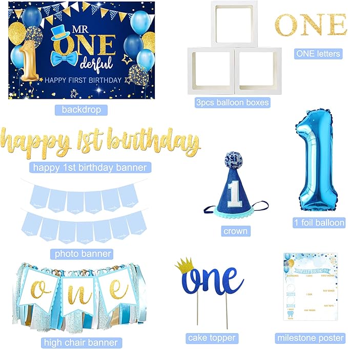 Baby Boy 1st Birthday Decorations, 1st Birthday Boy Decorations, Baby First Bday Party Supplies, Balloon Boxes, Backdrop, High Chair Banner, Crown, Photo Banner, Balloon Garland for One Year Old