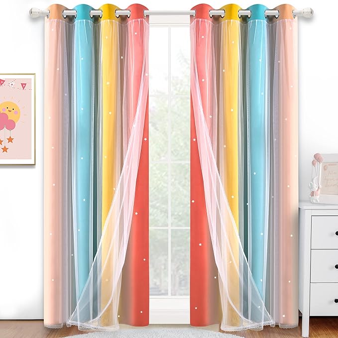 Kinryb Nursery/Kids/Girls Room Star Cut Out Blackout Rainbow Curtain with Sheer Overlay 2 Panels, Each 52 inch Wide,84 inch Length with White Gauze,Ombre Stripe Rainbow Curtains (2 Panels,52x84 Inch)