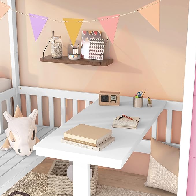 Playhouse Twin Size Loft Bed with Storage Staircase, Solid Wood Bunk Bed Frame with Guardrail for Kids Teens Boys Girls, Down Bed Convertible to Seats and Table Set (Pink-C)