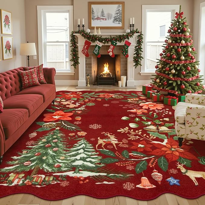 Lahome Floral Christmas Rugs for Living Room, Washable Christmas Rug 8x10 Under Bed Soft Xmas Tree Red Rug, Stain Resistance Large Carpets for Dining Room Office Home Decor, Red