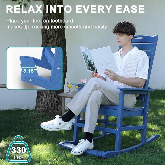 Outdoor Rocking Chair Set of 4 with Removable Footboard for Adults, HDPE High Back Patio Rocking Chairs, 330lbs All Weather Porch Rocking Chairs for Outdoor & Indoor -Navy Blue