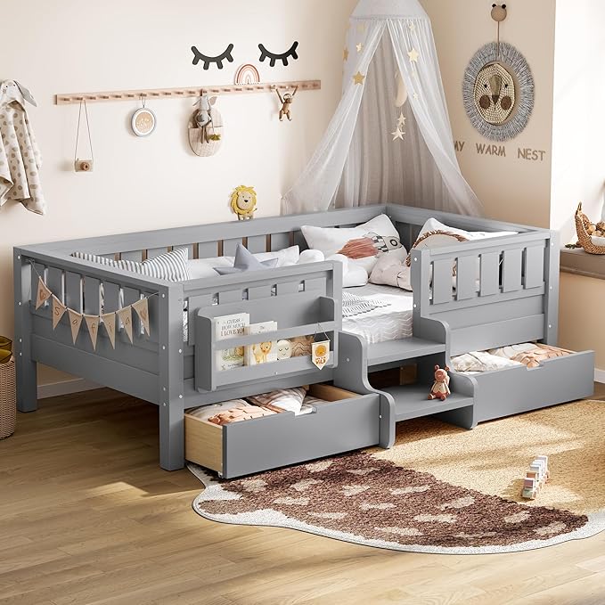 Bellemave Twin Bed with Slats and Stairs, Twin Size Platform Bed Frame with Fence, Bookshelf and Storage Drawers, Easy Assemble Beds for Kids, Girls, Boys, Gray