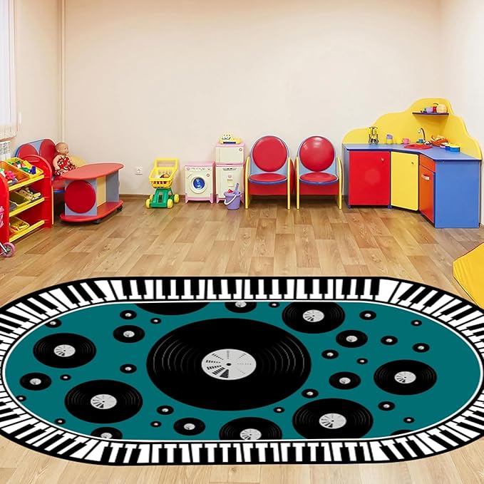 Vinyl Record Kids Rug 5x6ft - Piano Keys & Music Notes Non-Slip Carpet - Oval Educational Play Mat for Classroom, Playroom & Modern Decor