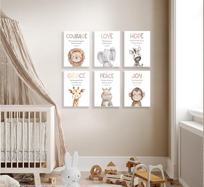 Safari Animal Bible Verse Nursery Wall Art Christian Picture Kids Room Wall Decor Uplifting Scripture Poster Hope Love Joy Jungle Animals Painting Canvas Print Artwork for Baby Room Playroom, Framed