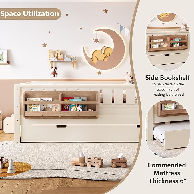 Bellemave Twin Bed with Trundle Twin and Stairs, Twin Size Platform Bed Frame with Fence and Bookshelf, Easy Assemble Beds for Kids, Girls, Boys, Beige