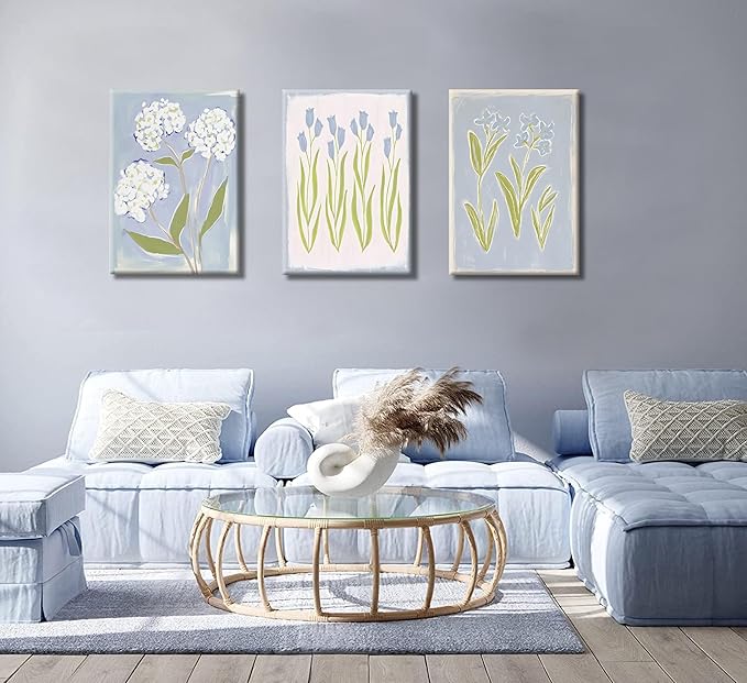 3Pcs Blue Green Tulip Hydrangea Flower Canvas Wall Art Flowers Plant Aesthetics Painting Picture Decor Elegant Preppy Poster Print Artwork for Living Room Gallery Bedroom Dorm Home Decoration