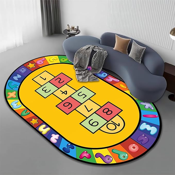 Kids Hopscotch Area Rug, 3x4ft, Playmat for Boys & Girls, Alphabets and Numbers Educational Learning & Fun Game Oval Rug, Soft Non-Slip Machine Washable Rug for Playroom Classroom Nursery