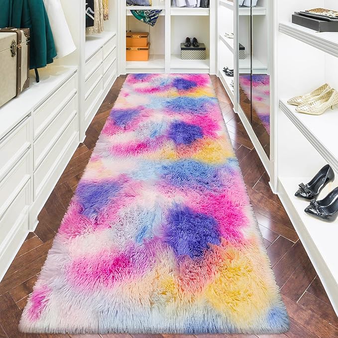 3x10 Hot Pink Runner Rainbow Rug for Girls Bedroom Bedside, Soft Fluffy Plush Runner Carpet Shag Kids Area Rug for Little Girls Room, Cute Colorful Princess Rug for Living Room Nursery Hallway