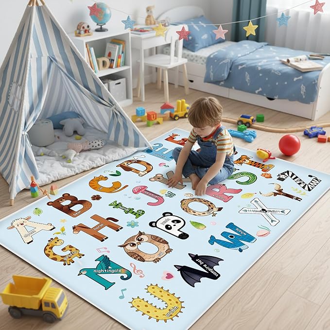 Baby Play Mat, ABC Rug for Kids Playroom, Non Slip Washable Toddler Floor Mat, Alphabet Numbers Colors Weather Learning Classroom Rug for Nursery or Preschool, 3x5 ft