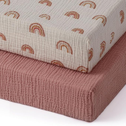 Blissful Diary Muslin Mini Crib Sheets, Pack and Play Mattress Sheets Fitted for Pack N Play, Soft Cotton for Boys Girls, 2 Pack(Dusty Pink&Rainbow)
