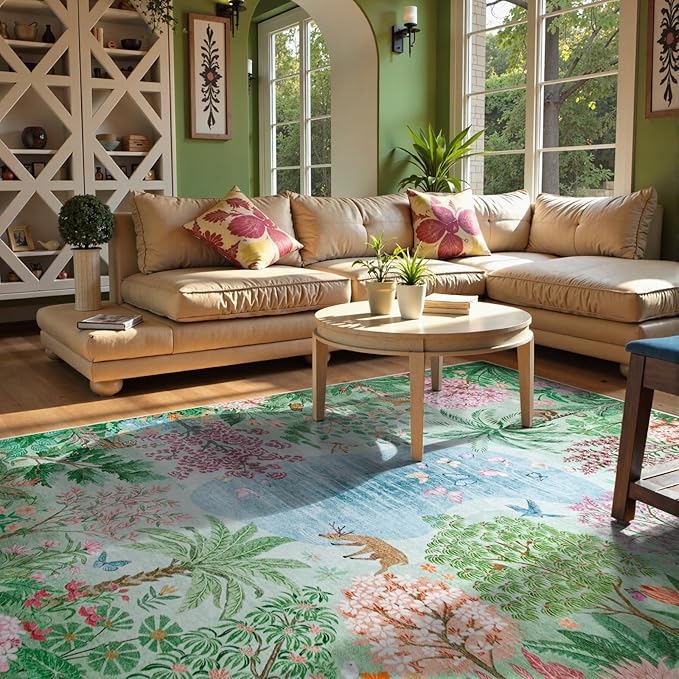 Lahome Spring Jungle Carpet, Green Bedroom Rug 8x10 Under Bed, Large Washable Rugs 8x10 for Living Room, Spring Botanical Non Slip Non Shedding Kids Playroom Floor Carpet for Office Dining Room Decor