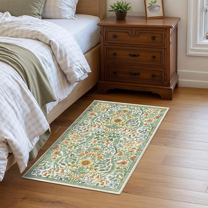Floral 2x3 Entryway Rug,Washable Front Door Mat Indoor Non Slip Low Pile Small Carpet, Soft Grass Green Boho Botanical Throw Rug for Bathroom Bedroom Kitchen Laundry Indoor Entrance