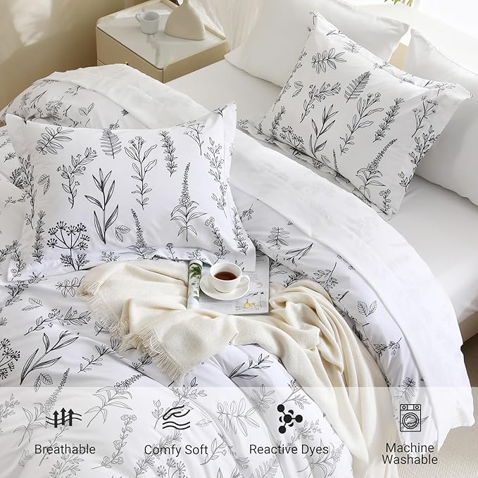 MUXHOMO Duvet Cover Queen Size, Reversible Floral White Duvet Cover Set with Zipper Closure, 3 Pieces Botanical Patterns Soft Microfiber Bedding Set with 4 Ties (90"x90", 2 Pillow Cases)