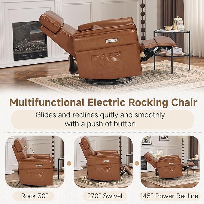 Power Recliner Rocking Chair Nursery Gliders with Adjustable Armrests and Headrest, Swivel Electric Glider Reclining Nursing Chair with USB Port and Storage Bags, FSC Certified(Leather, Brown)