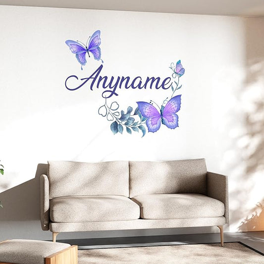 Custom Name Butterfly Wall Decal Personalized Floral Flower Animal Lover Large Vinyl Wall Sticker for Home & Room Décor, Removable Walls Art for Kids & Teens Bedroom, Car