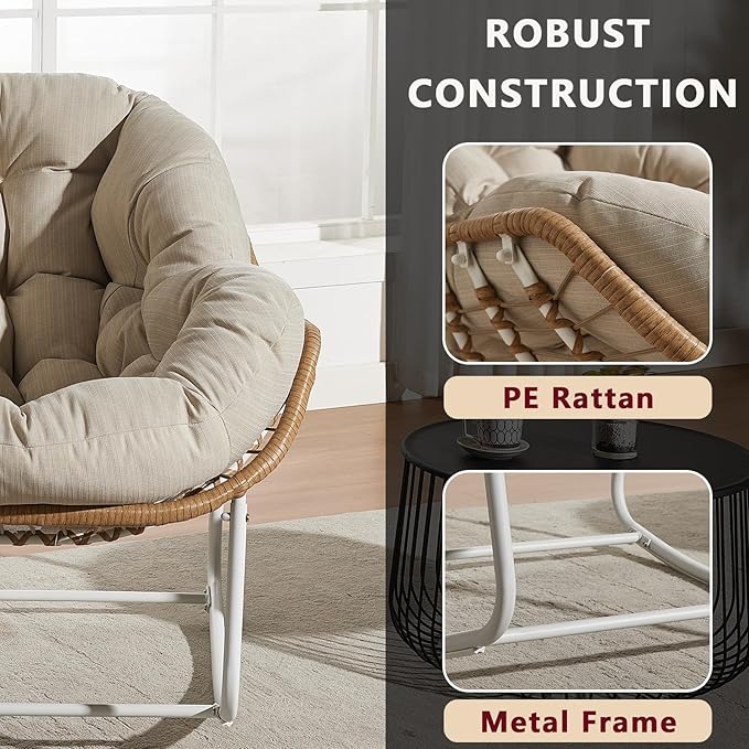 Oversized Outdoor Papasan Rocking Chair with Soft Cushion, Comfy Patio Egg Chair, Wicker Lounge Rocker for Balcony/Porch/Garden, Reinforced All Weather Rattan Frame, 330 lbs Support, Beige and White