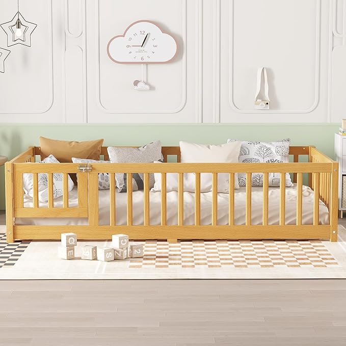 Harper & Bright Designs Twin Floor Bed Frame with Safety High Fence, Wood Montessori Bed with Door, Twin Size Floor Beds with Solid Wood Support Slats for Boys, Girls, Kids, Natural