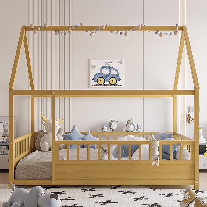 Ball & Cast Full Size House Bed Frame,Montessori Floor Bed with Safety Fence and Roof for Kids,Wood Platform Bedframe W/Open Door for Girls Boys,Bedroom,Playroom,Easy Assembly,Natural