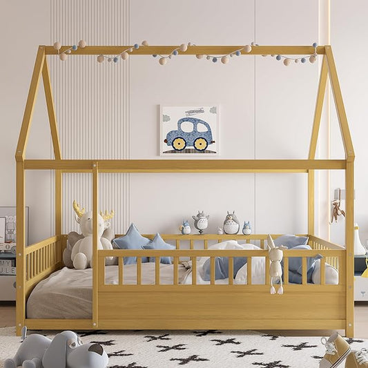 Ball & Cast Full Size House Bed Frame,Montessori Floor Bed with Safety Fence and Roof for Kids,Wood Platform Bedframe W/Open Door for Girls Boys,Bedroom,Playroom,Easy Assembly,Natural