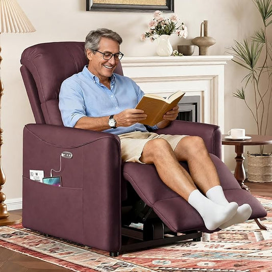 Adjustable Power Recliner Chair, Comfy PU Leather Electric Recliner Chair, Power Recliners with USB Port, Eco-Certified Small Recliners for Small Spaces Sofa Reclinable, Dark Purple