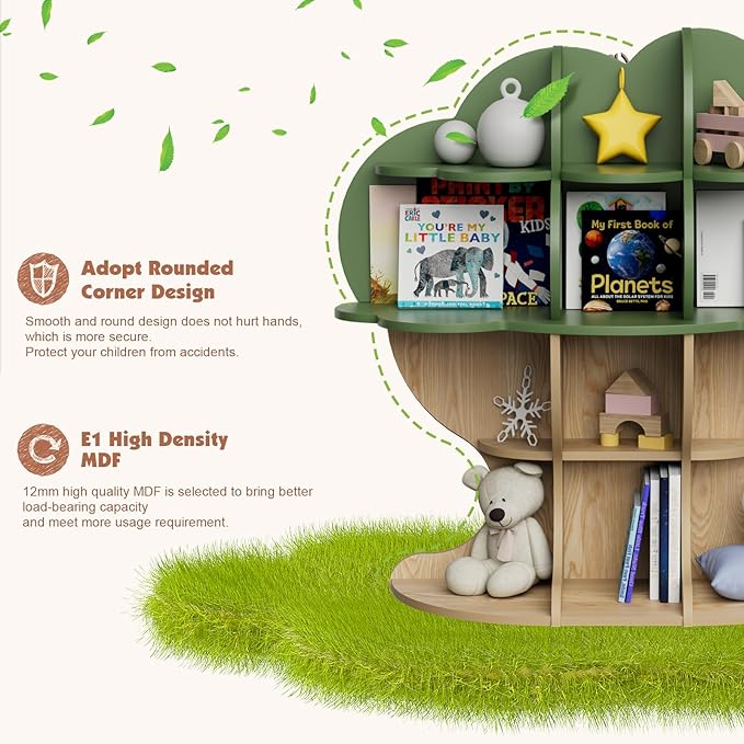 Green Tree Kids Bookshelf Toddler Bookcase 4-Tier Baby Book Rack Children Toy Storage Organizer Forest Wood Display Shelf for Nursery Playroom Bedroom Classroom School Homeschooling Boy Girl’s Gift