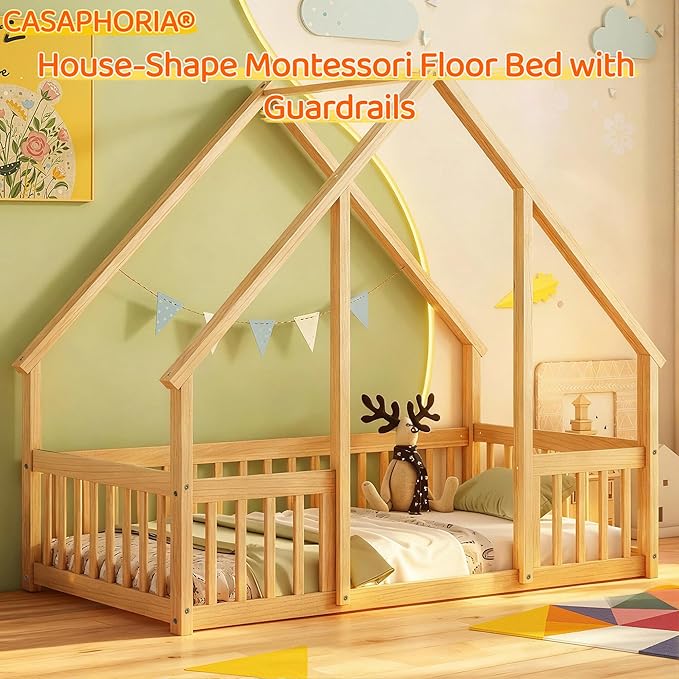 Casaphoria Full Size House-Shaped Montessori Bedframe, Solid Pine Wood Kids Bed Frame, Toddler Floor Bed with Door & Fence for 1-3 Years Old Kids, Natural