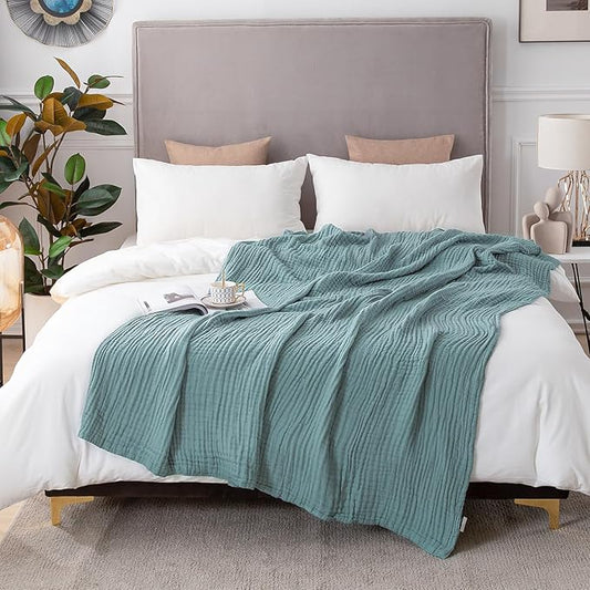 EMME Cotton Blanket Queen Size for Bed Soft Large Muslin Bed Blankets 90"x90" Lightweight Breathable Layering Bedspread All Season Gauze, Teal