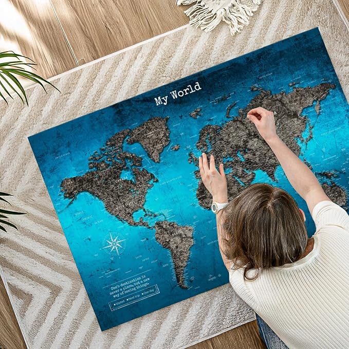 ElephantStock - My World Push Pin Travel Map Iii Wall Art - Horizontal Canvas Wall Art - Living Room Wall Decor - Digital Art Map Canvas Art - Turquoise And Blue Decor - 45" x 30"