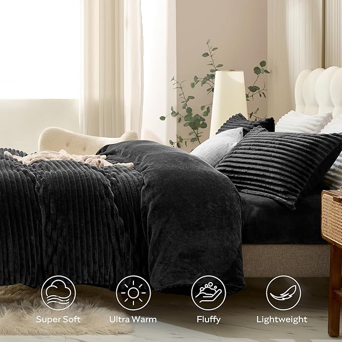JELLYMONI Plush Duvet Cover Set - King Size Black Striped Fluffy Comforter Cover 3pcs Bedding Set Luxury Ultra Soft Faux Fur Duvet Cover with Zipper and 2 Pillowcases (NO Comforter)