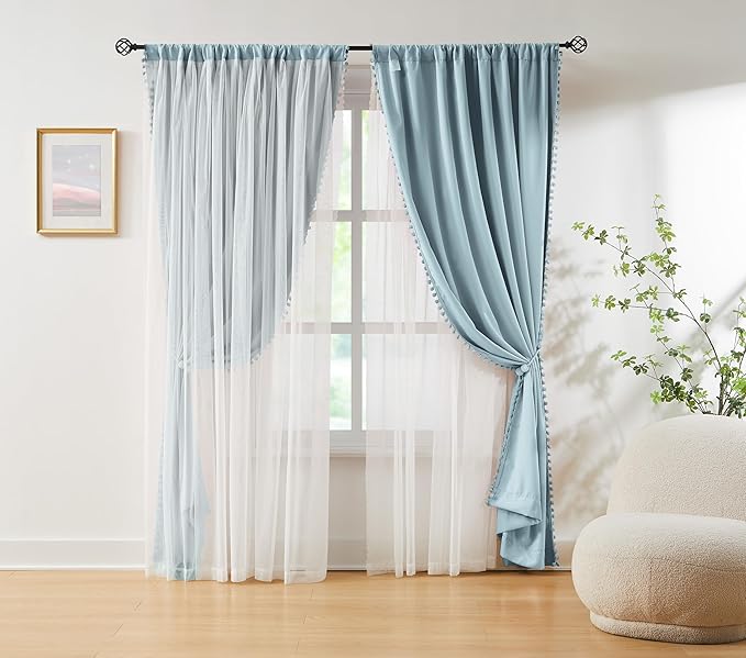Pom Pom Blackout Curtains with Sheer Overlay for Living Room Bedroom, Kid's Room, Blue Mix and Match Double Layer Window Curtains Rod Pocket Thermal Insulated Curtains with Tiebacks, 2pcs, 52x84, Blue