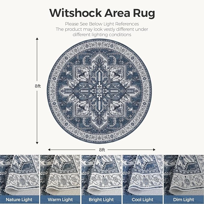 WITSHOCK Living Room Area Rugs 8Ft: Washable Rug Boho Soft Non-Slip Low Pile Stain Resistant Foldable Carpet for Bedroom Playroom Dining Room Office Kitchen Farmhouse Home Decor Rug-Blue